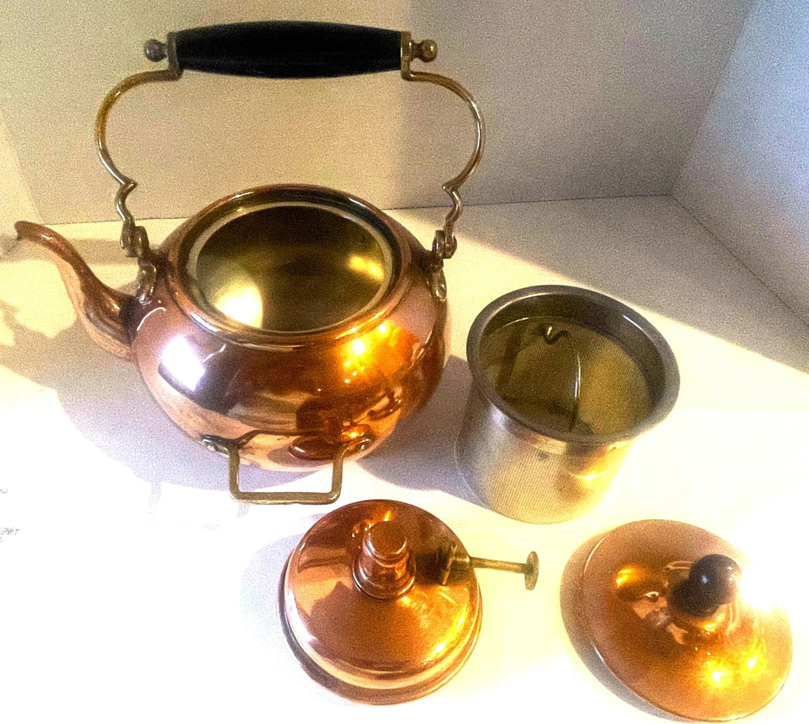 Early 20th Century Jos Heinrichs Copper Over Sterling Teapot With Tea Basket, Copper Tray & Cups- 7 - 12