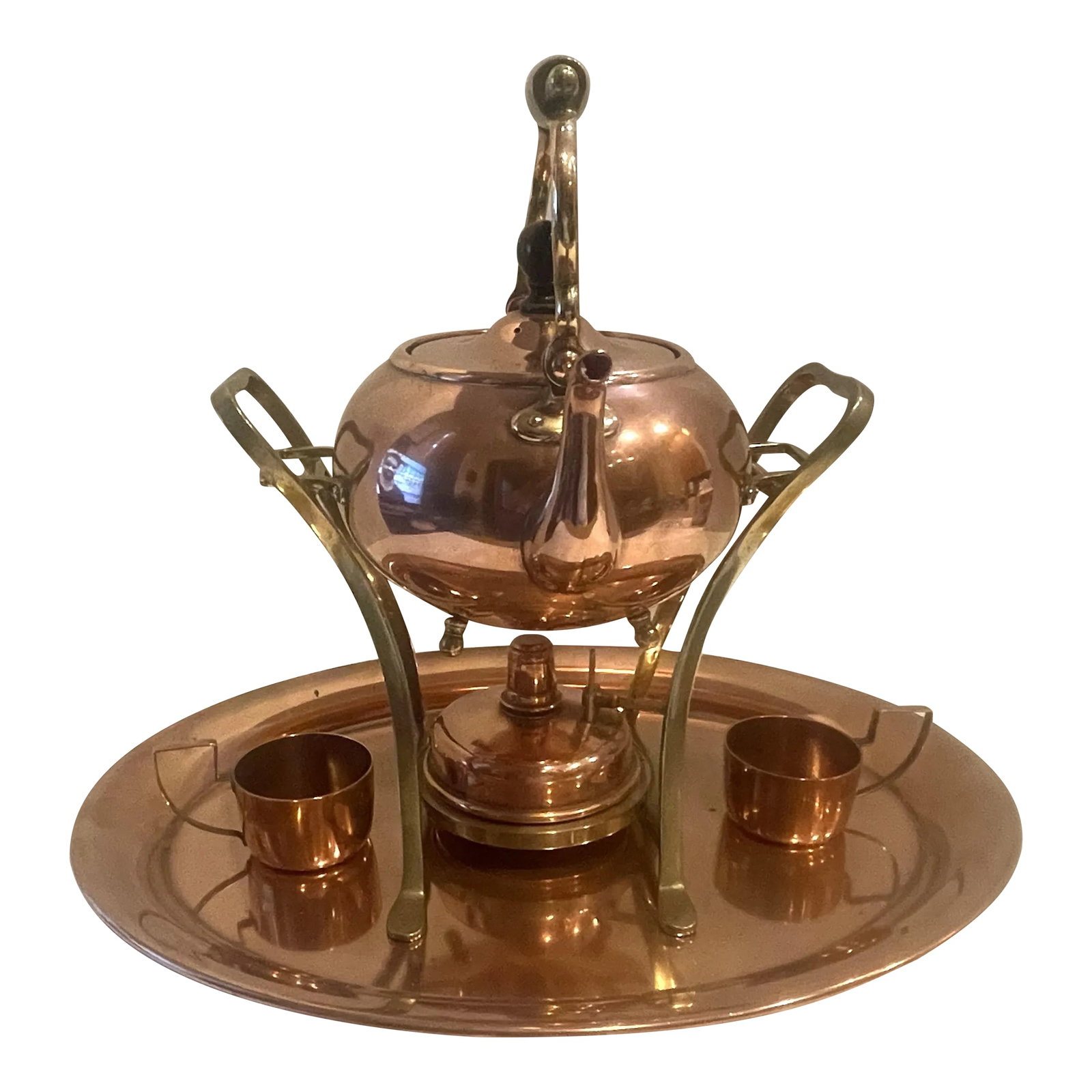 Early 20th Century Jos Heinrichs Copper Over Sterling Teapot With Tea Basket, Copper Tray & Cups- 7: Rare Copper over sterling Tea Set by Jos Heinrichs. Jos Heinrichs was born in Prussia in 1866. He arrived in New York in 1895. and by 1897 he was established in his own firm and listed silversmith as 