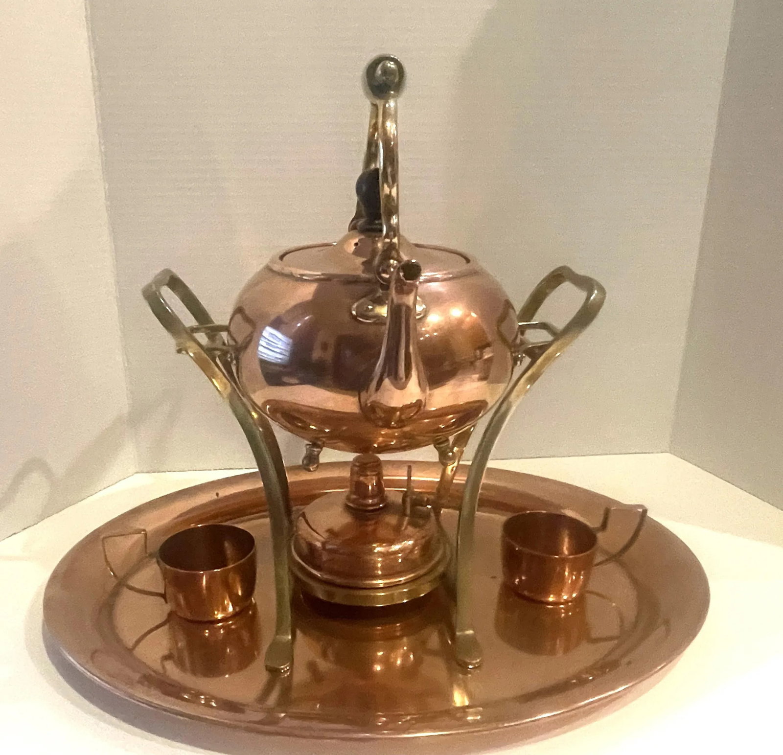 Early 20th Century Jos Heinrichs Copper Over Sterling Teapot With Tea Basket, Copper Tray & Cups- 7 - 2