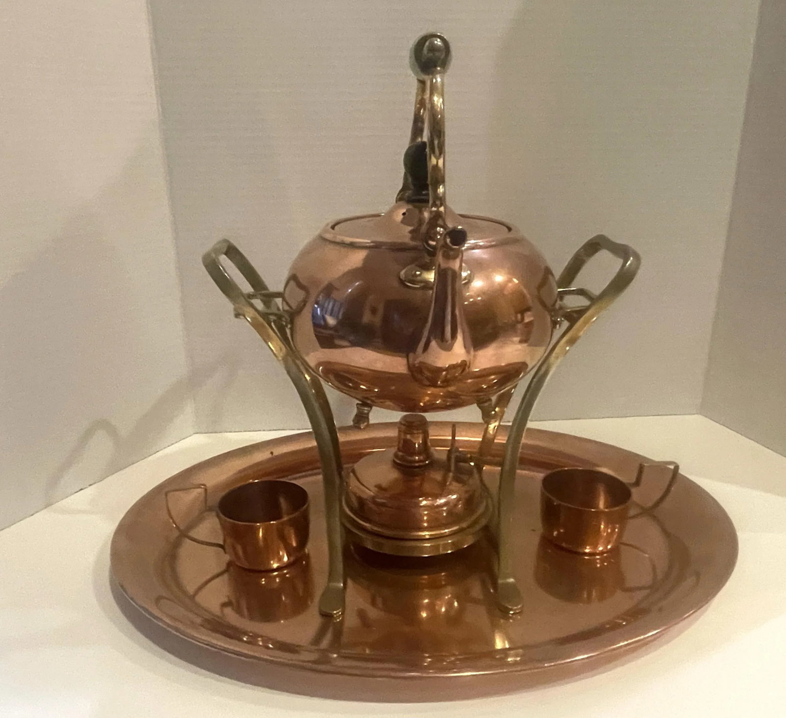Early 20th Century Jos Heinrichs Copper Over Sterling Teapot With Tea Basket, Copper Tray & Cups- 7 - 4