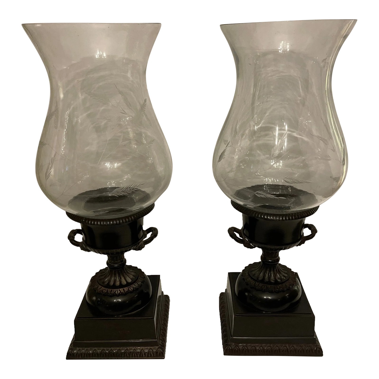 Pair of Classical Capana Bronze Urns With Hurricane Globes: Pair of Classical Bronze Campana Double Handled Urns with wheat etched hurricane globes. Could be used with pillar candles. Would be great on a chest, table, sideboard, or mantle. Grand Tour, Empire, 