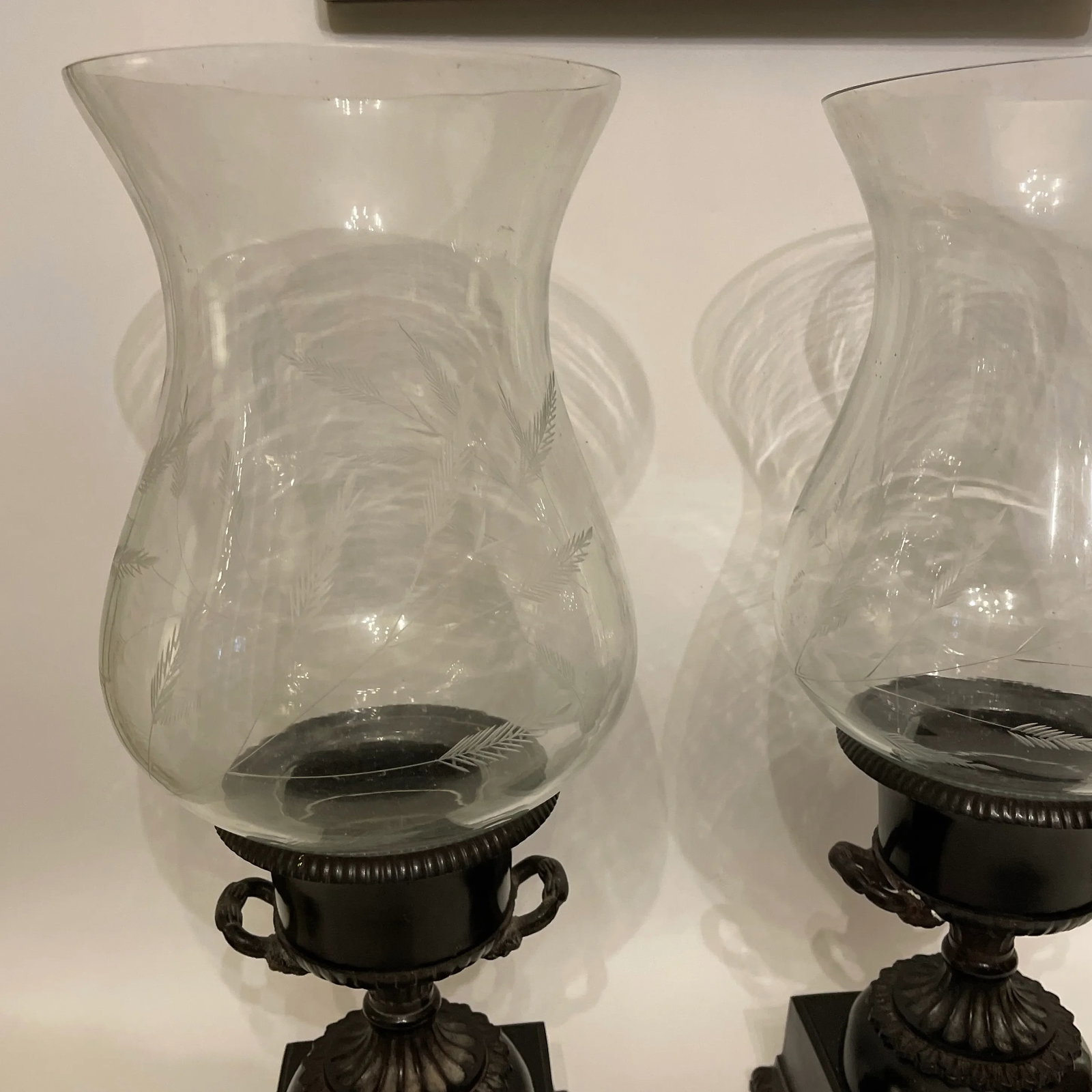 Pair of Classical Capana Bronze Urns With Hurricane Globes - 2