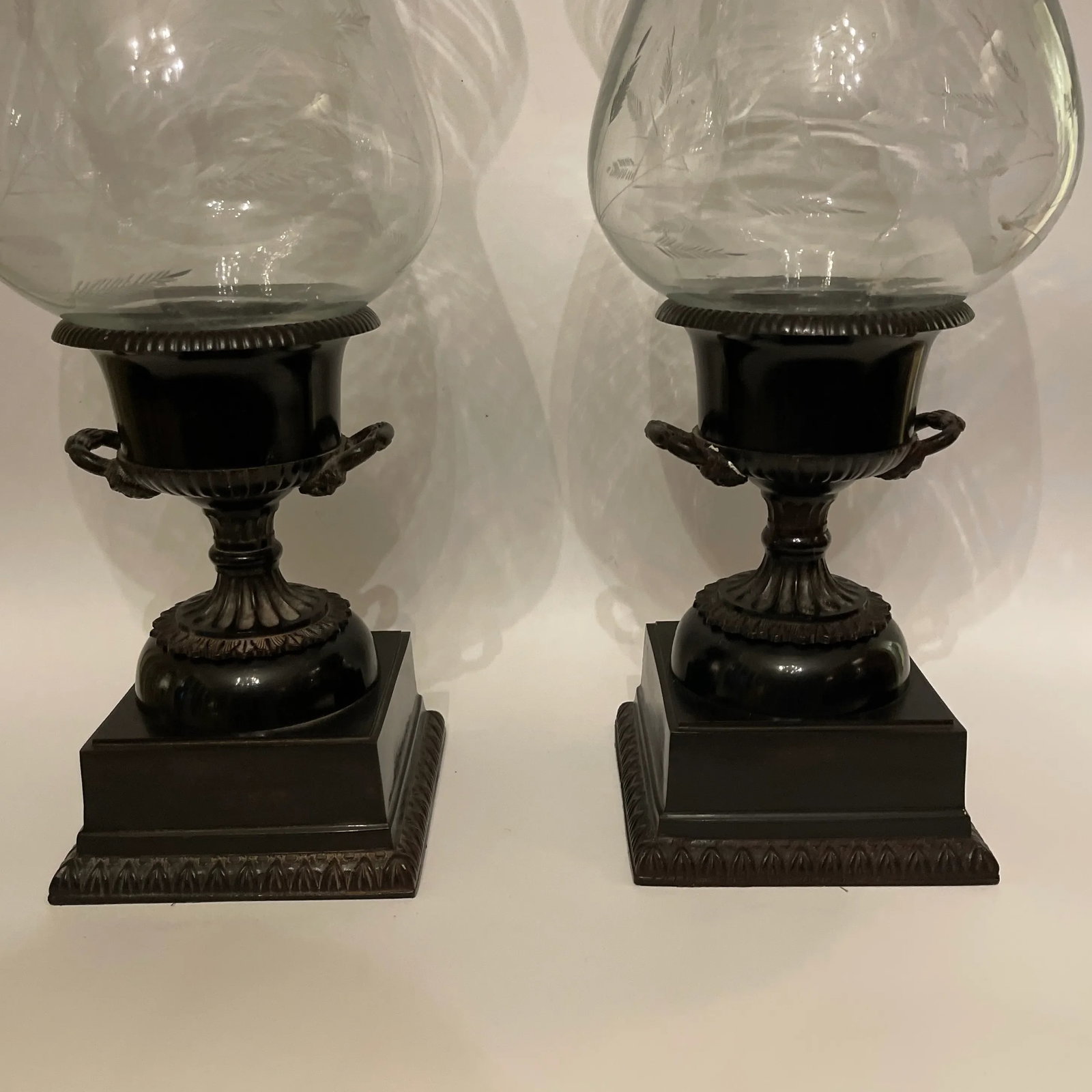Pair of Classical Capana Bronze Urns With Hurricane Globes - 3