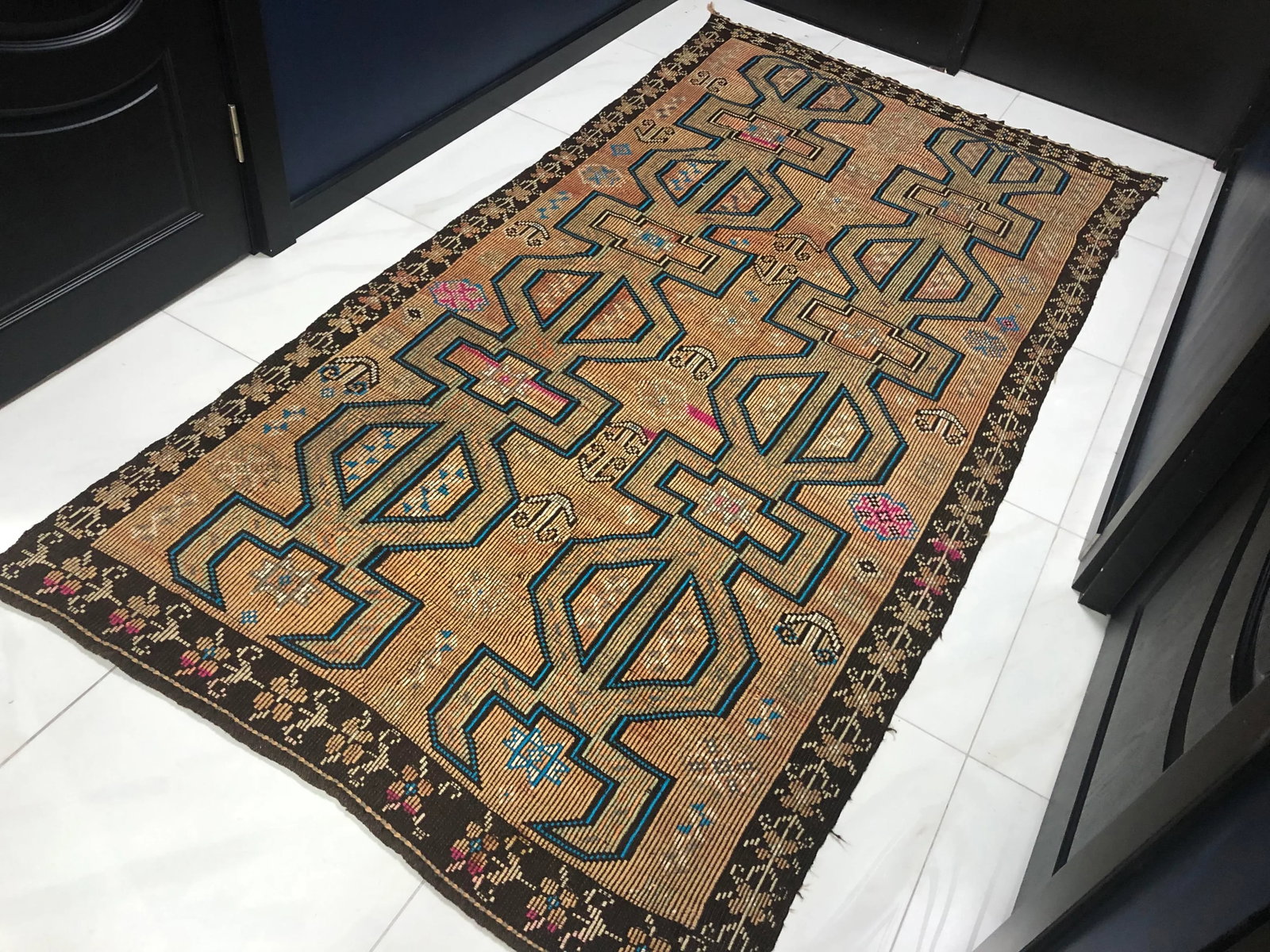 Geometric Design Turkish Anatolian Vintage Area Kilim Rug 4'8" x 9'1" - 3
