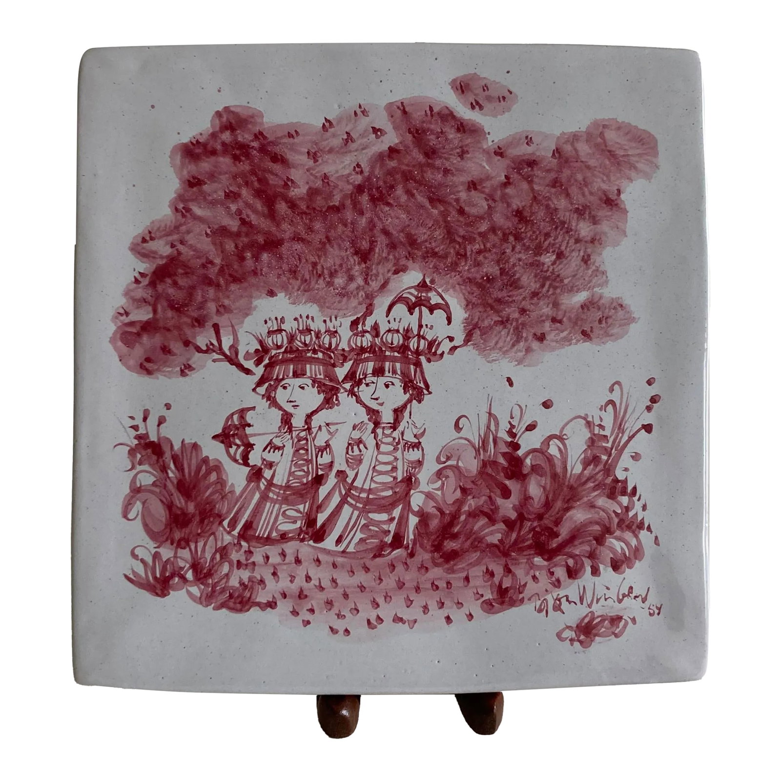 1964, Bjorn Wiinblad Signed Studio Piece, Ceramic Container With Lid, Two Women Nature Scene, Pink/ (1 of 12)
