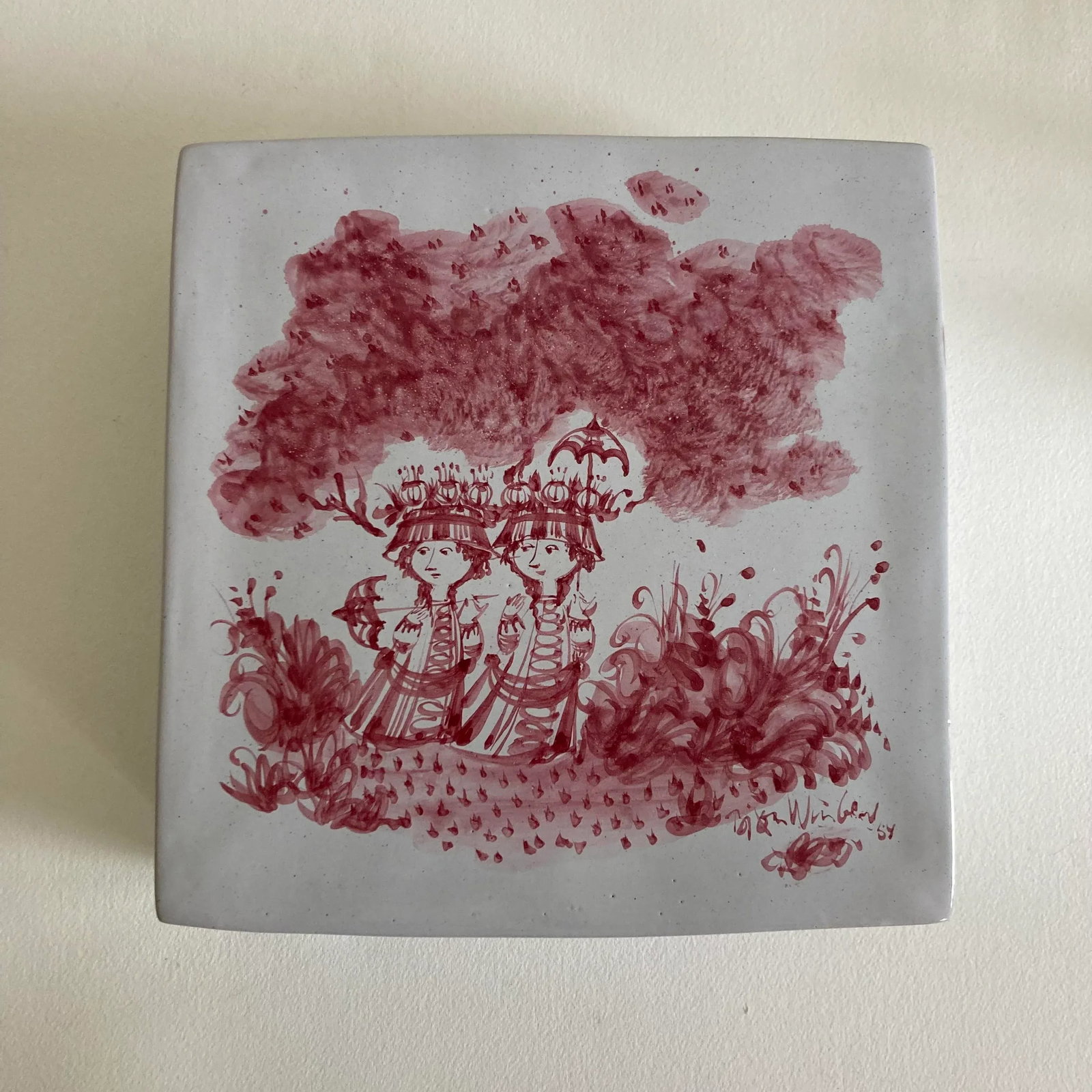 1964, Bjorn Wiinblad Signed Studio Piece, Ceramic Container With Lid, Two Women Nature Scene, Pink/ - 7