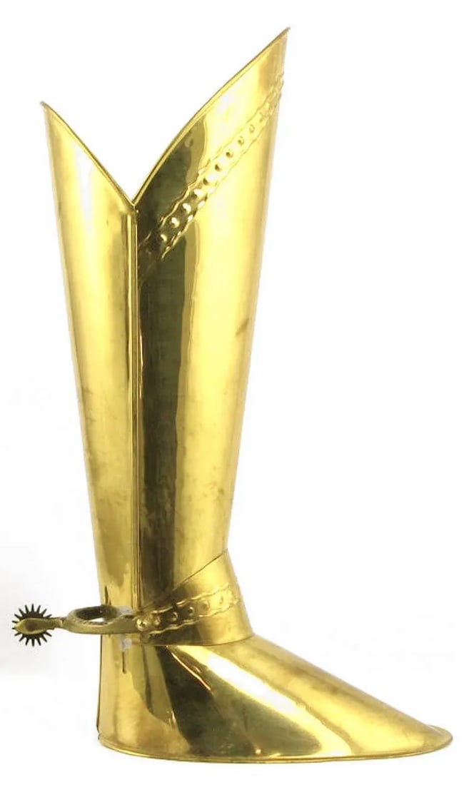 English Spurred Brass Knight's Boot Umbrella Stand - 2