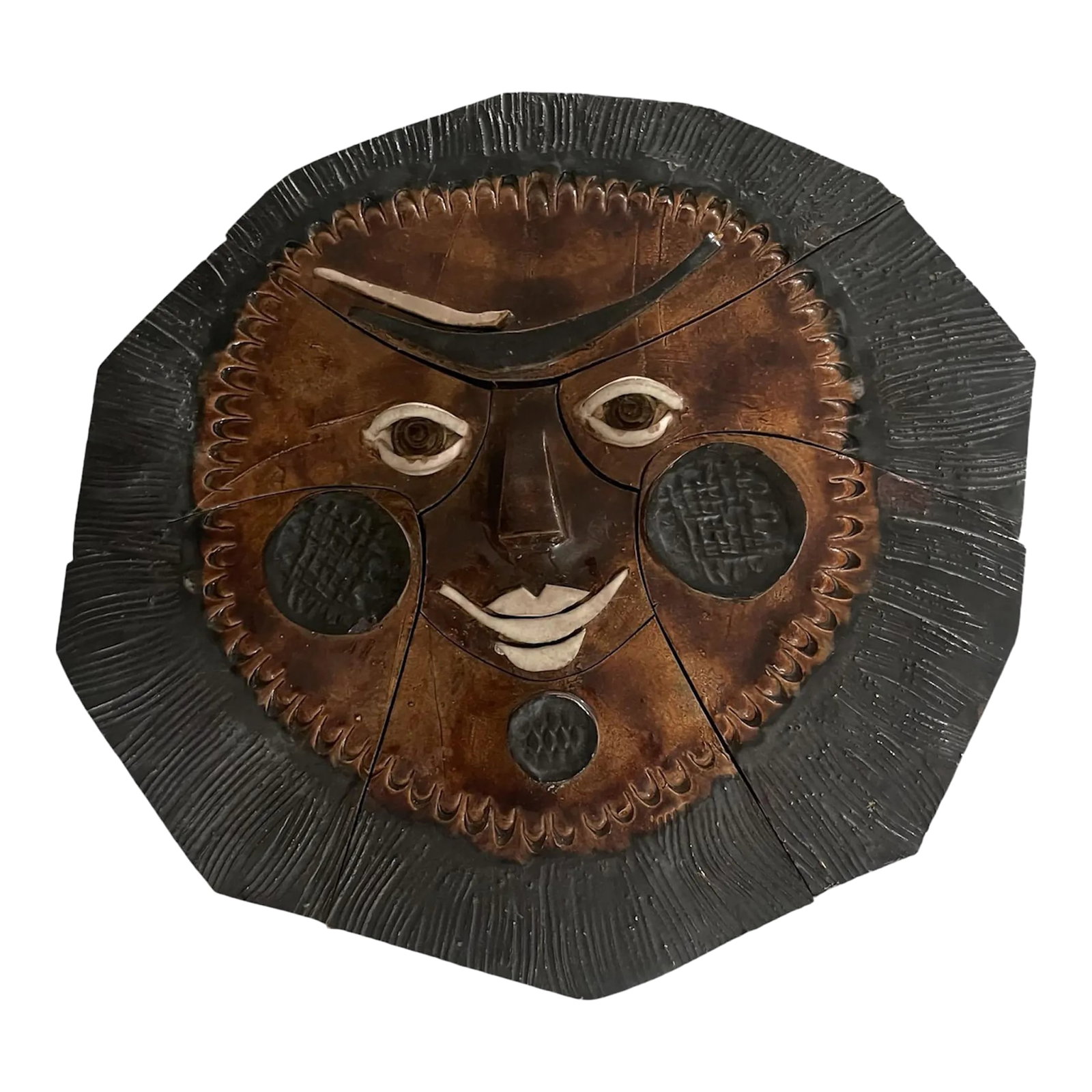 French Wall Art in the Style Roger Capron Style "Soleil": Highly decorative wall sculpture made in a patchwork of glazed ceramic elements with brown and black panels. It is mounted on wood and easy to hang. It is in the style of Roger Capron and Jean Derval