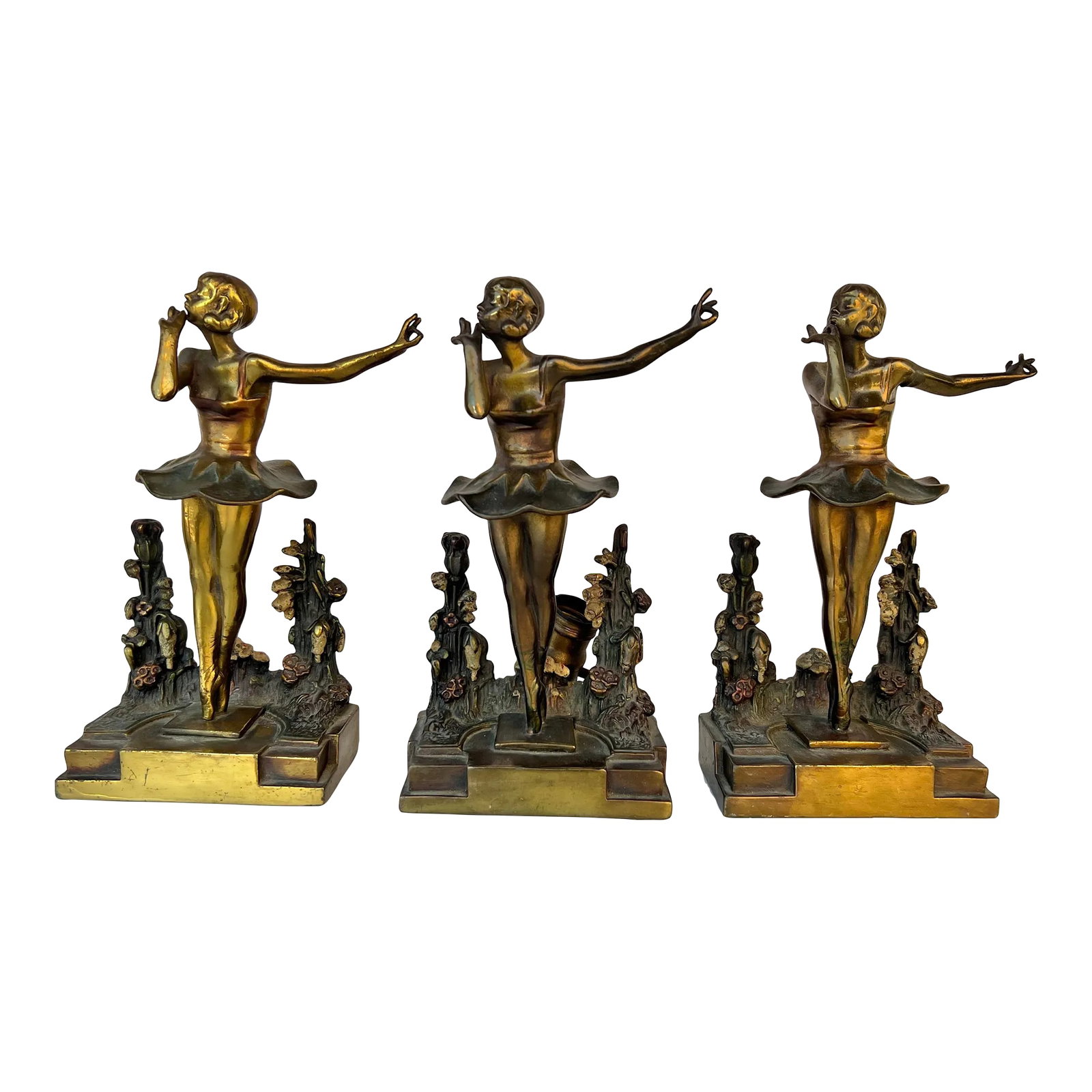 1930s Pompeian Bronze Ballerina Bookends and Light - 3 Piece Set: Heavy solid bronze statue of a ballerina. The 3 pieces matching are 2 bookends and 1 is a light. All about 10.5" tall. The bookend measure 5.5" x 3" . The lamp measures 5.5" deep and 5.5" wide. These