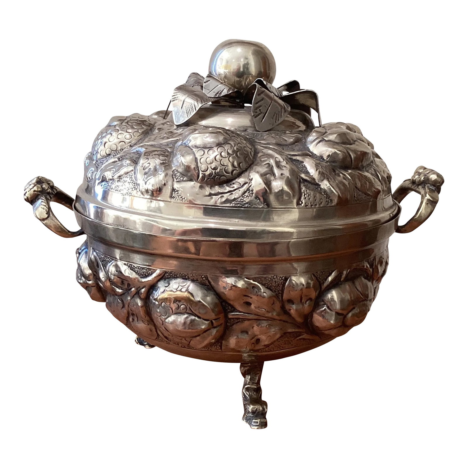 Antique Original Large Oval Silver Plated "Coquera" Dish/Tureen Stamp: Covered silverplate tureen or bowl with two applied handles and resting on tripod ball and claw feet. Late 19th century Colonial coquera vessel and lid with repousse fruit designs and leaves. A