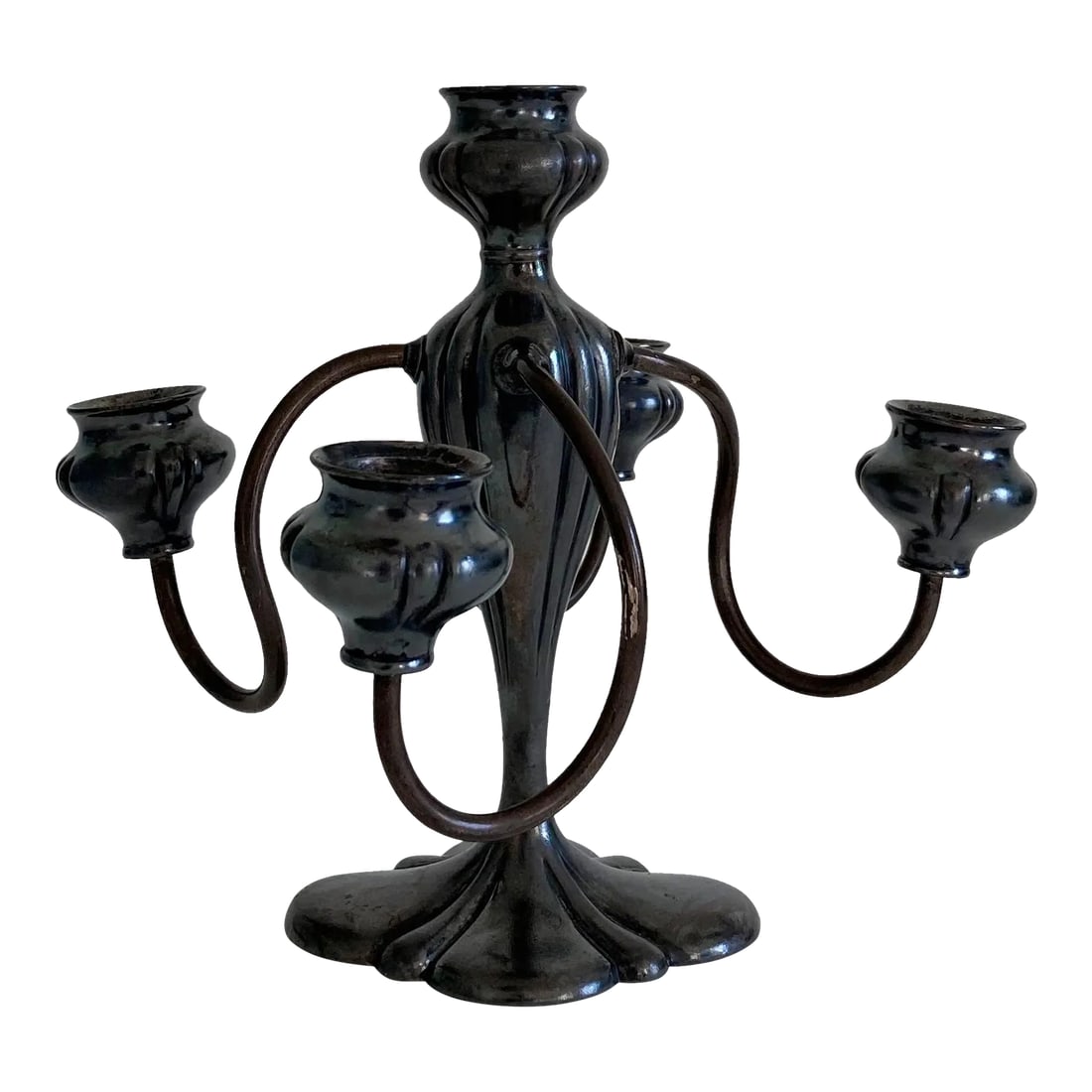 Barbour Silver Co. Art Nouveau Gothic 5 Arm Light Candelabra Quadruple Silver Plate, 1890s: An antique art nouveau/ gothic style, quadruple plated (silver plate) candelabra by Barbour Silver Co. Piece is a 5-arm candelabra with original, dark patina present. A solid, heavy piece. This candel