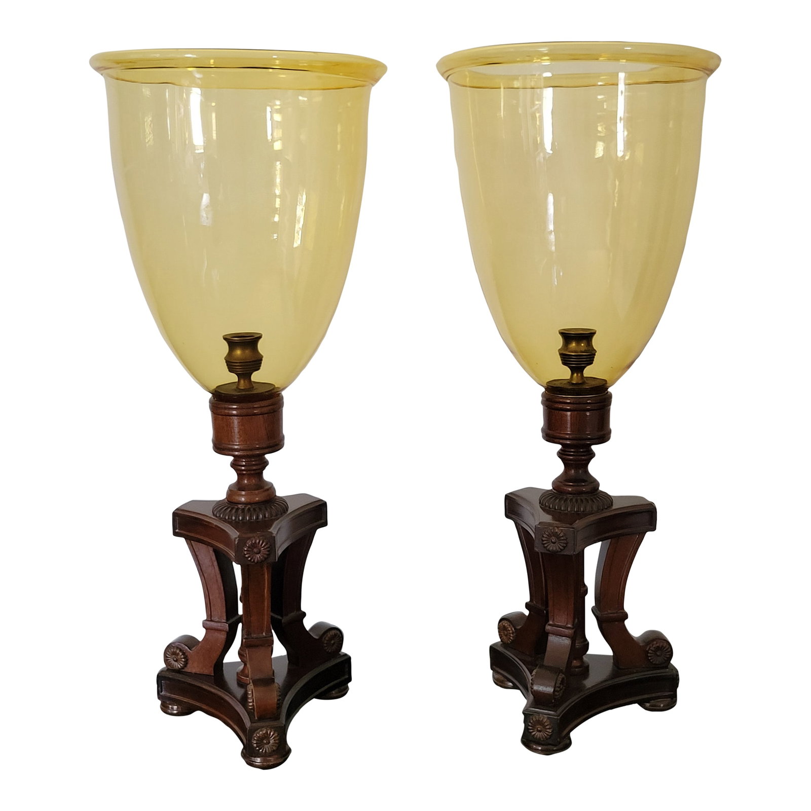 Vintage Pair of Amber Glass and Wood Photophores Hurricane Lamps: Attractive pair boasting fine carved mahogany bases with large amber glass shades. Condition: Alterations: Original Condition Unaltered Imperfections: Some Imperfections Condition Notes: Vintage,