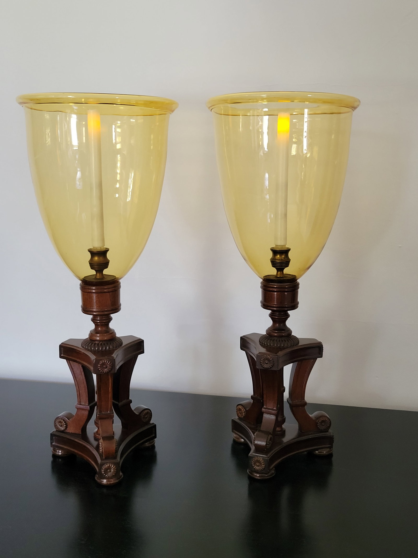 Vintage Pair of Amber Glass and Wood Photophores Hurricane Lamps - 5