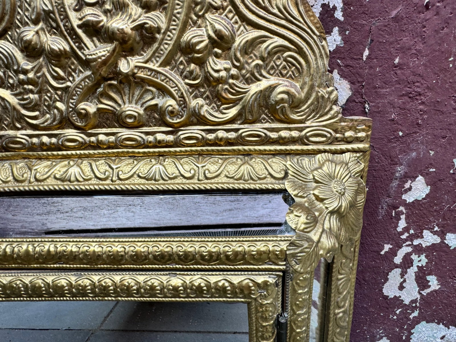 1960s Napoleon III Style Brass Tin Embossed Wall Mirror - 10