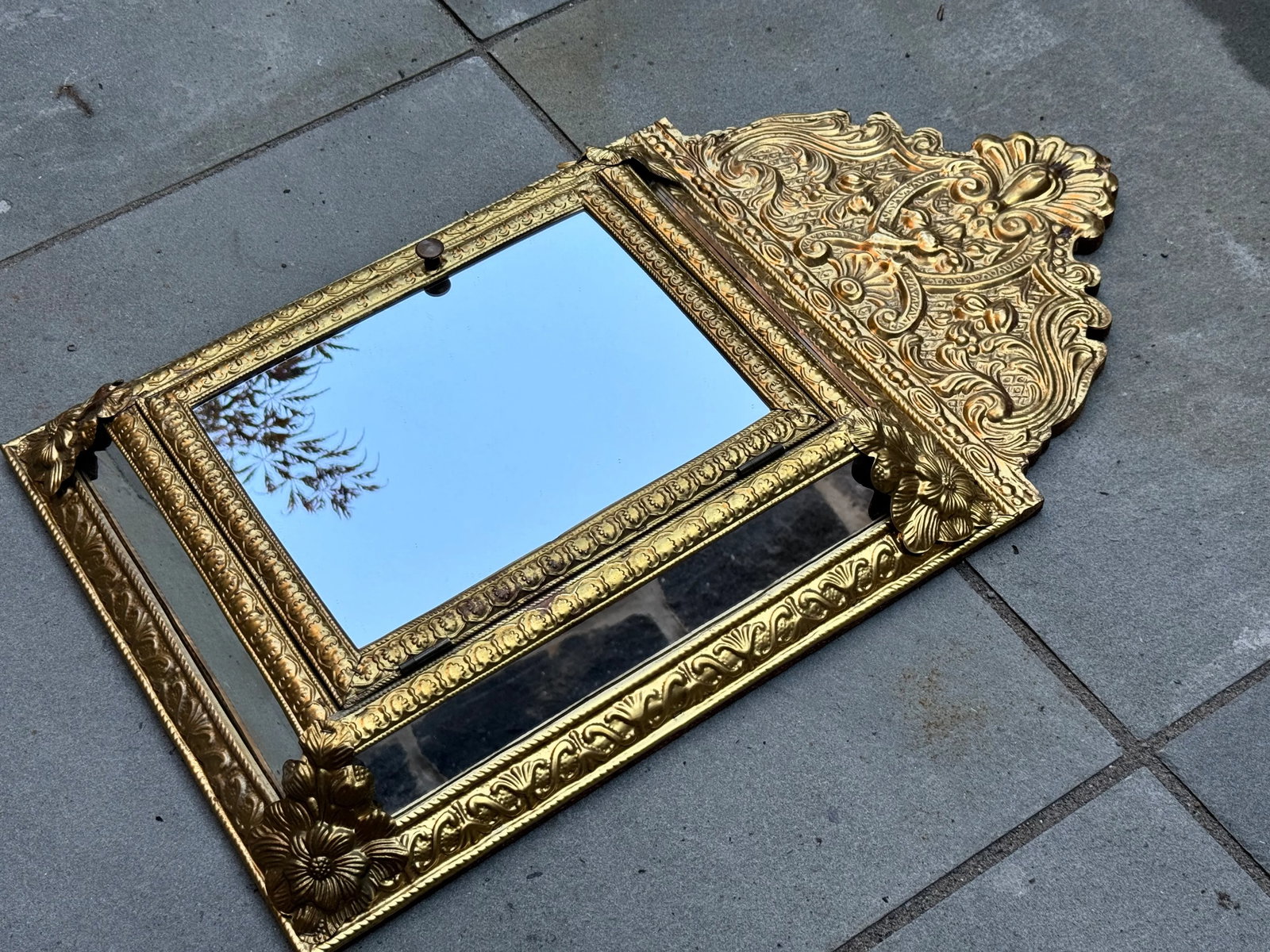 1960s Napoleon III Style Brass Tin Embossed Wall Mirror - 12