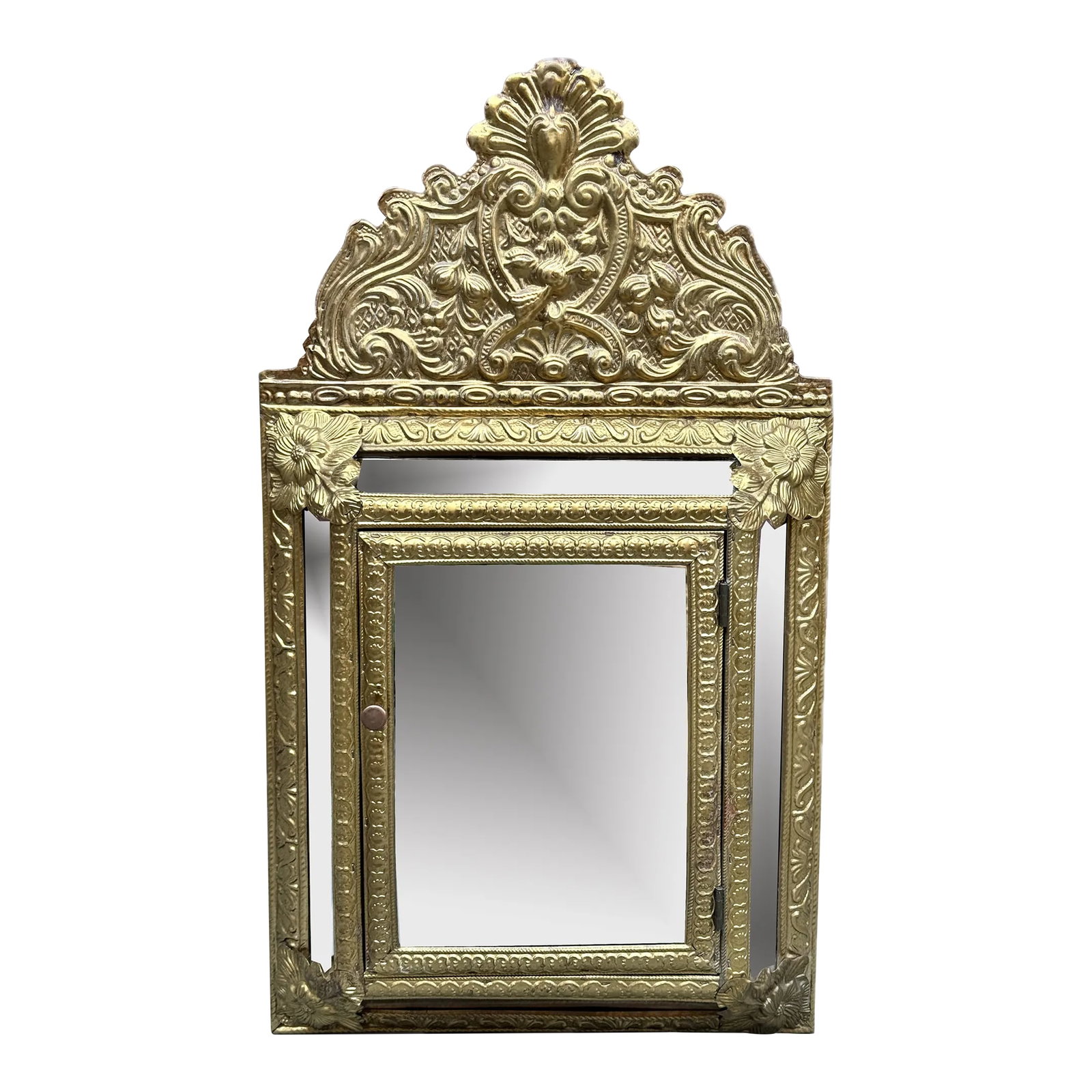 1960s Napoleon III Style Brass Tin Embossed Wall Mirror: Elegant and refined Napoleonic-era style frame with a central mirror and an equal number of mirrors were placed along each side of the frame. The entire surface of the frame was made by working the