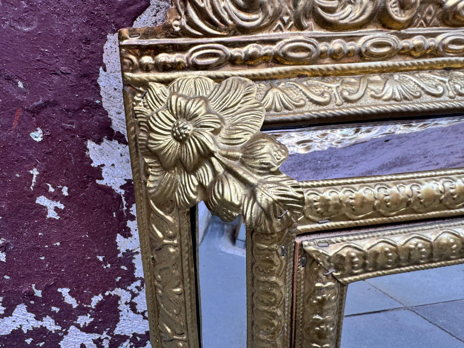 1960s Napoleon III Style Brass Tin Embossed Wall Mirror - 9