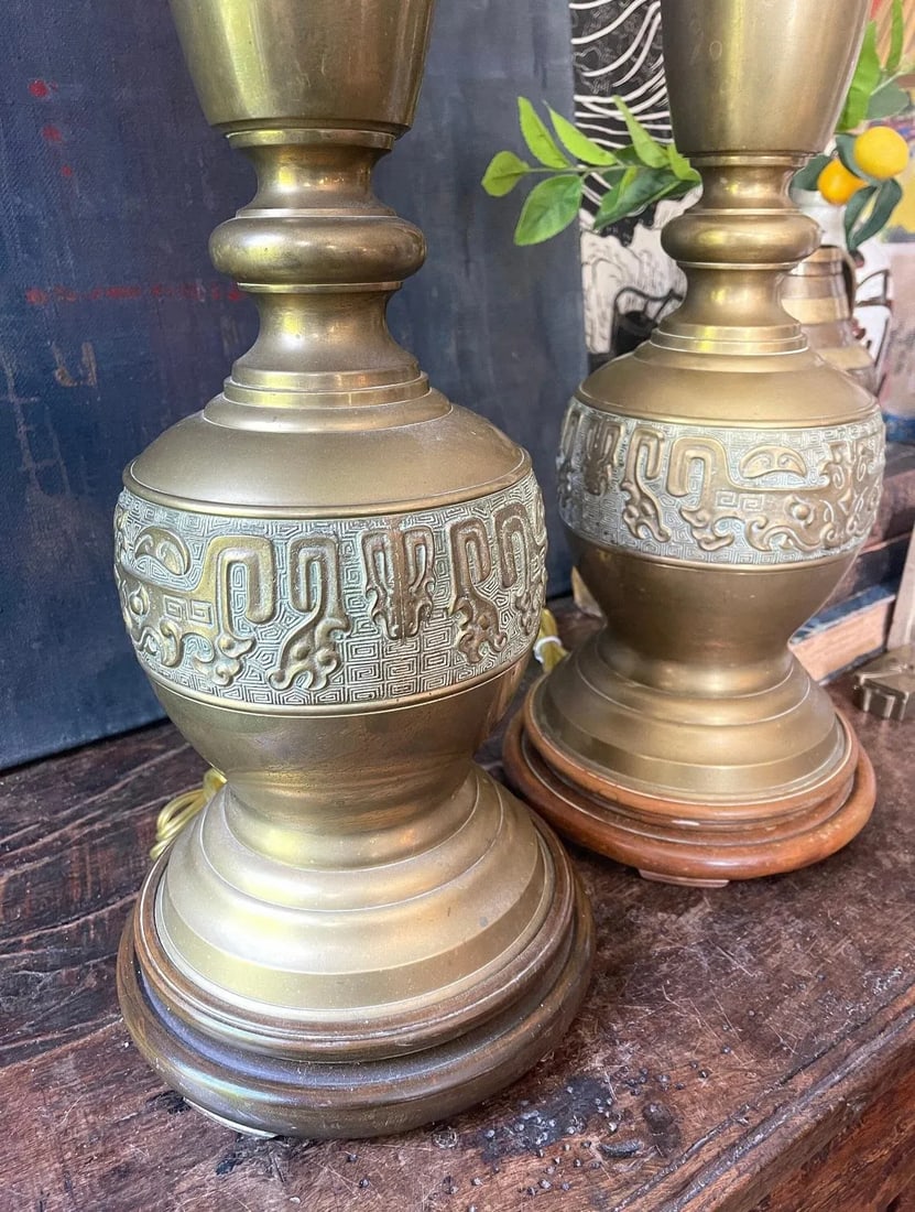 Mid Century Tall James Mont Style Brass Table Lamps - a Pair - 4