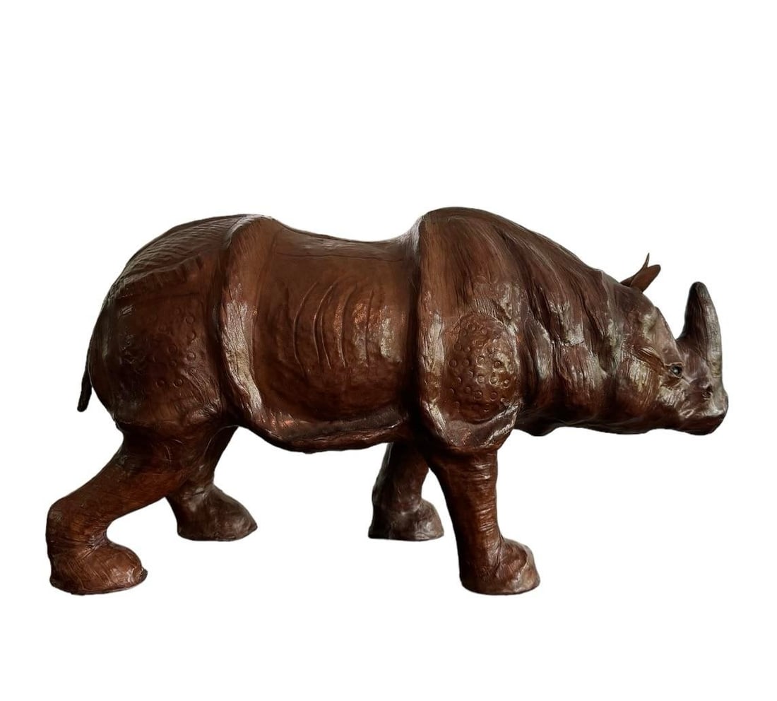 Vintage Mid Century Modern Leather Rhinoceros With Glass Eyes Rhino Sculpture - 2