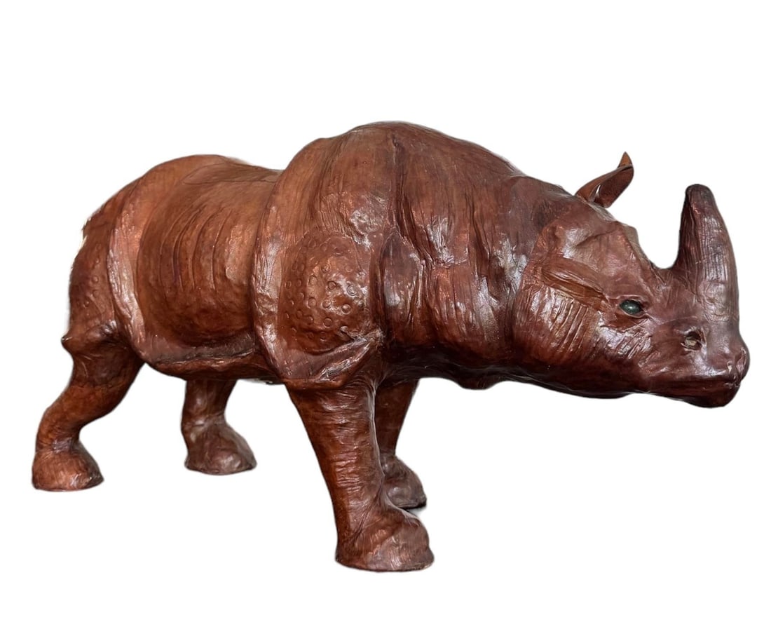 Vintage Mid Century Modern Leather Rhinoceros With Glass Eyes Rhino Sculpture - 3