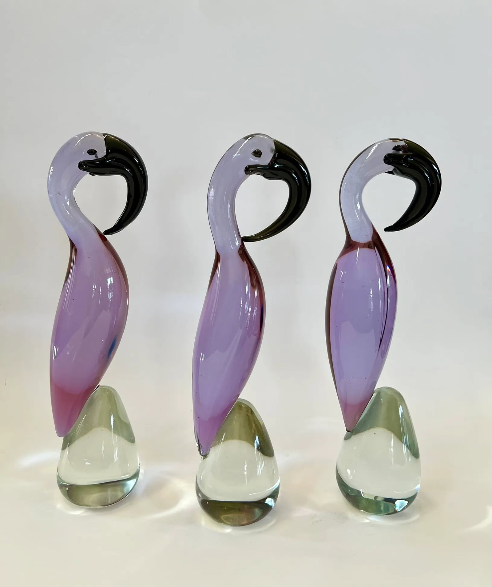 Set of Three Vintage Lavendar Glass Flamingos in Murano Style - 3