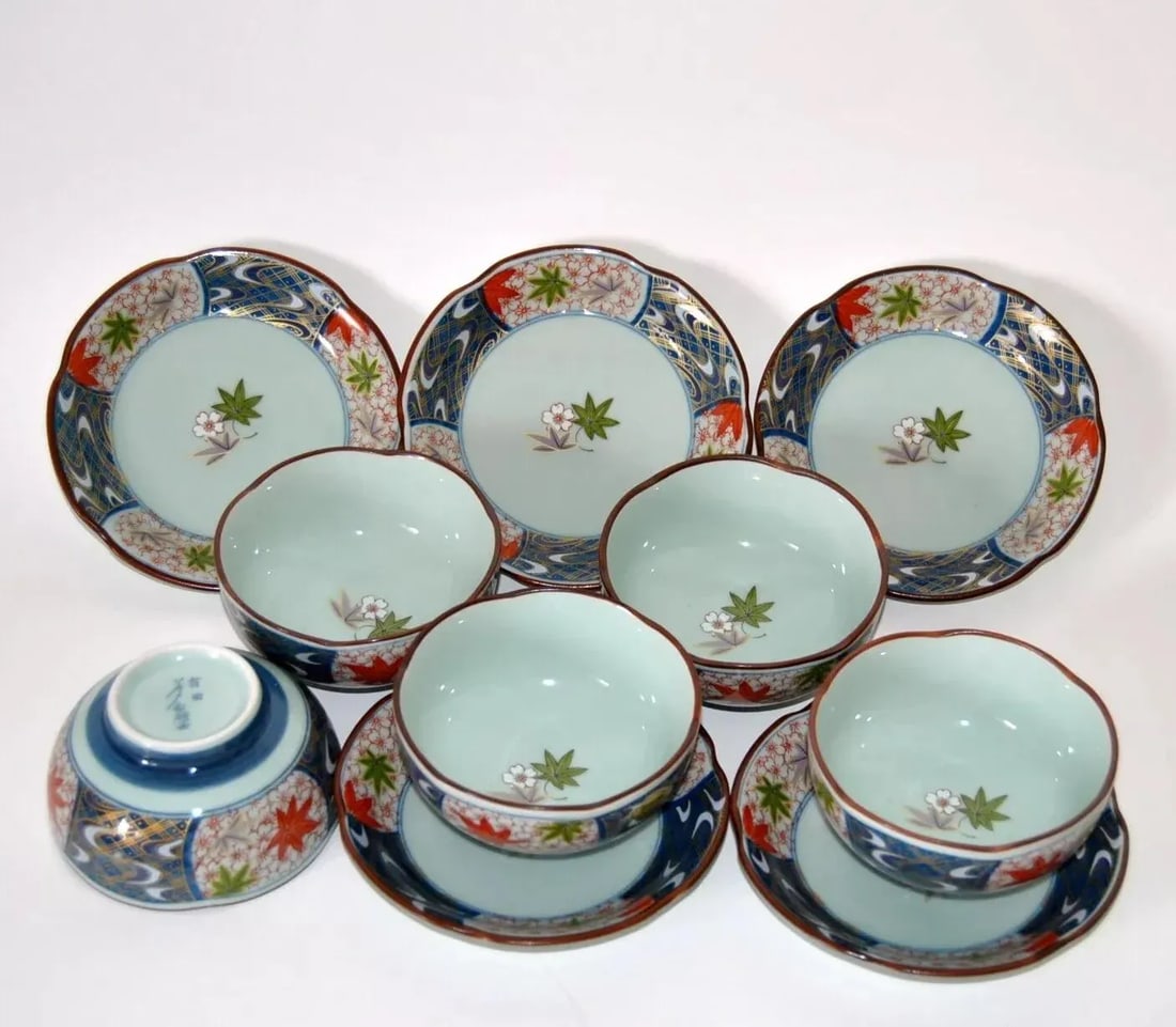 Authentic Arita Imari Celadon Cherry Blossom Shaped Cups and Saucers- 10 Pieces - 2