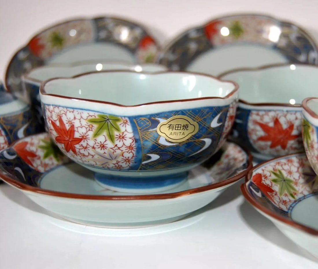 Authentic Arita Imari Celadon Cherry Blossom Shaped Cups and Saucers- 10 Pieces - 3