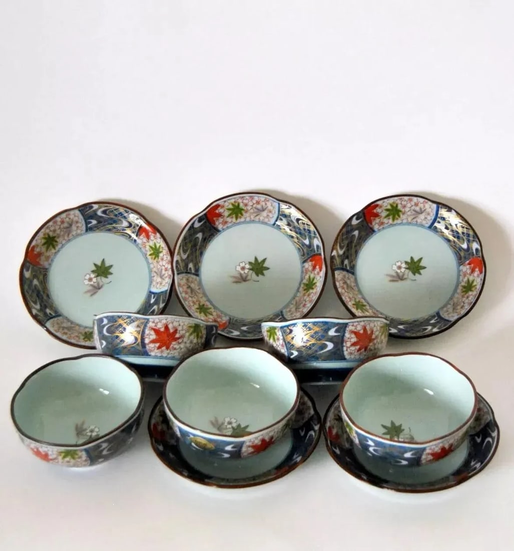 Authentic Arita Imari Celadon Cherry Blossom Shaped Cups and Saucers- 10 Pieces - 4