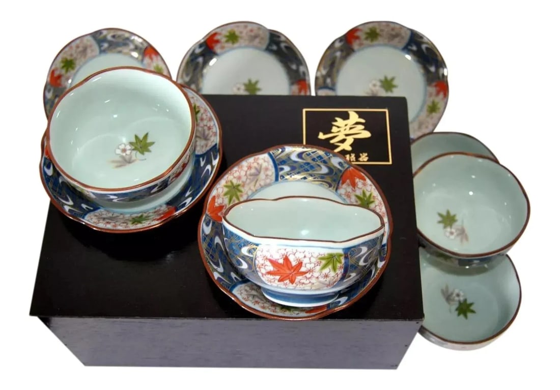 Authentic Arita Imari Celadon Cherry Blossom Shaped Cups and Saucers- 10 Pieces - 5