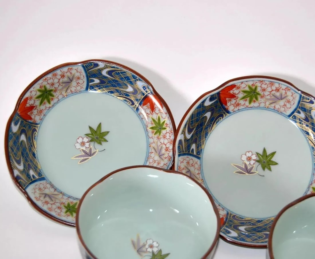 Authentic Arita Imari Celadon Cherry Blossom Shaped Cups and Saucers- 10 Pieces - 7