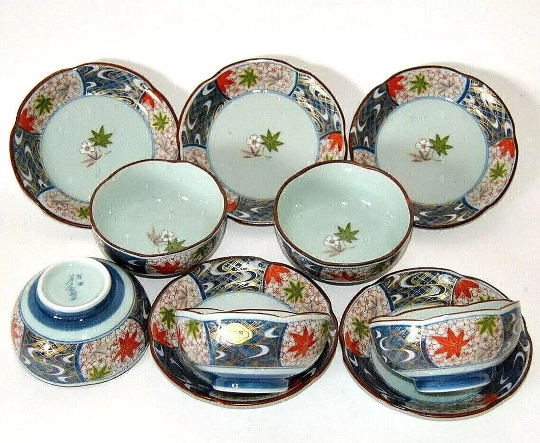 Authentic Arita Imari Celadon Cherry Blossom Shaped Cups and Saucers- 10 Pieces - 9