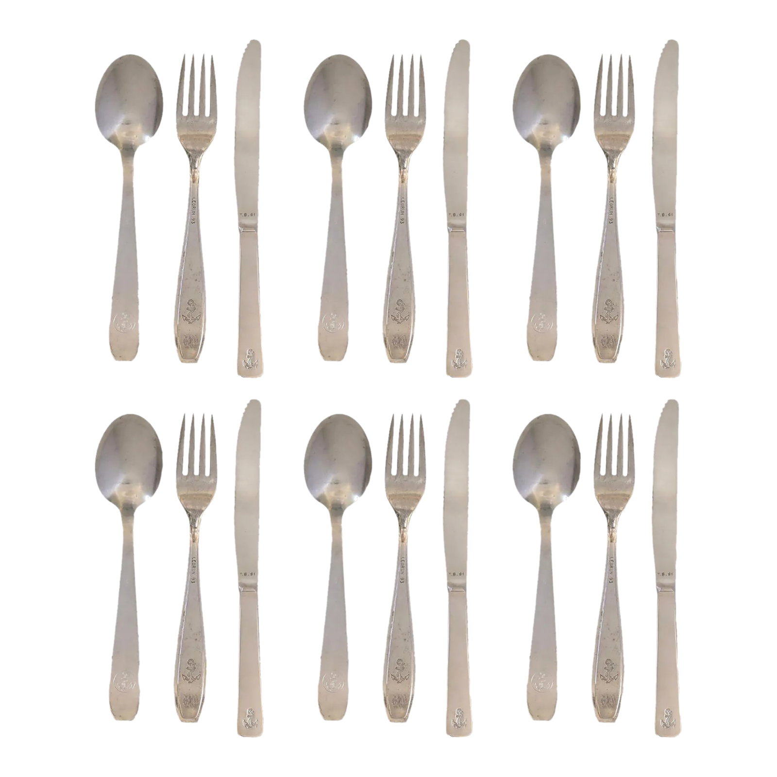 Mid 20th Century French Navy Military Mess Cutlery, Svc. For Six- 18 Pieces: This early 20th-century vintage French Navy military mess cutlery service for six showcases the distinguished elegance and robust history of naval tradition. Each piece is adorned with anchor