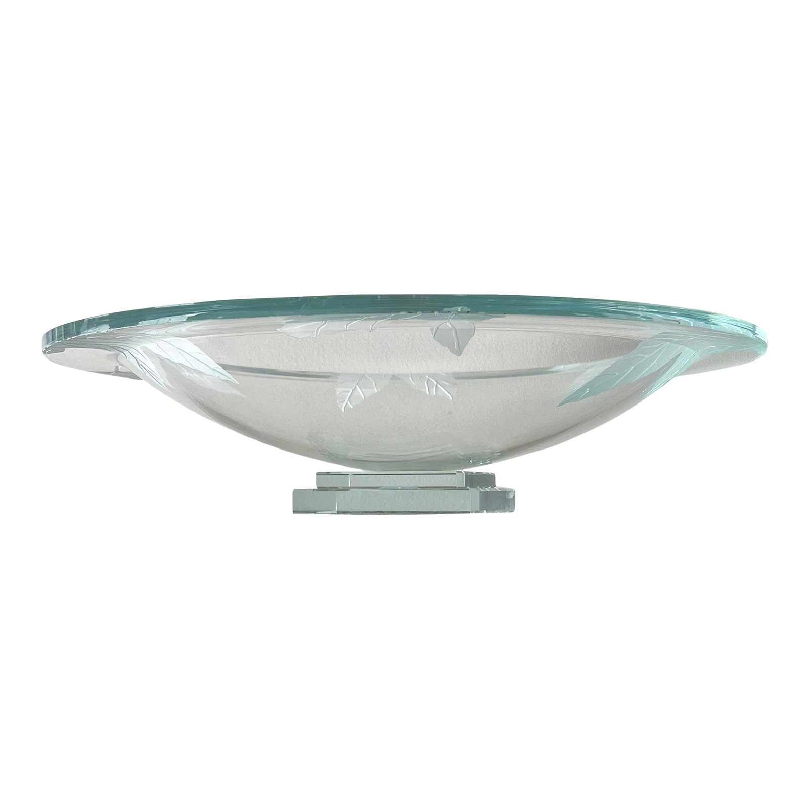 Monumental Glass Centerpiece With Etched Leaves by Stephen Schlanser, 2007.: A huge, monumental studio art glass centerpiece platter with etched leaves by Stephen Schlanser, 21st century. A large thick glass dish is etched with an intricate leaf motif, and layered upon