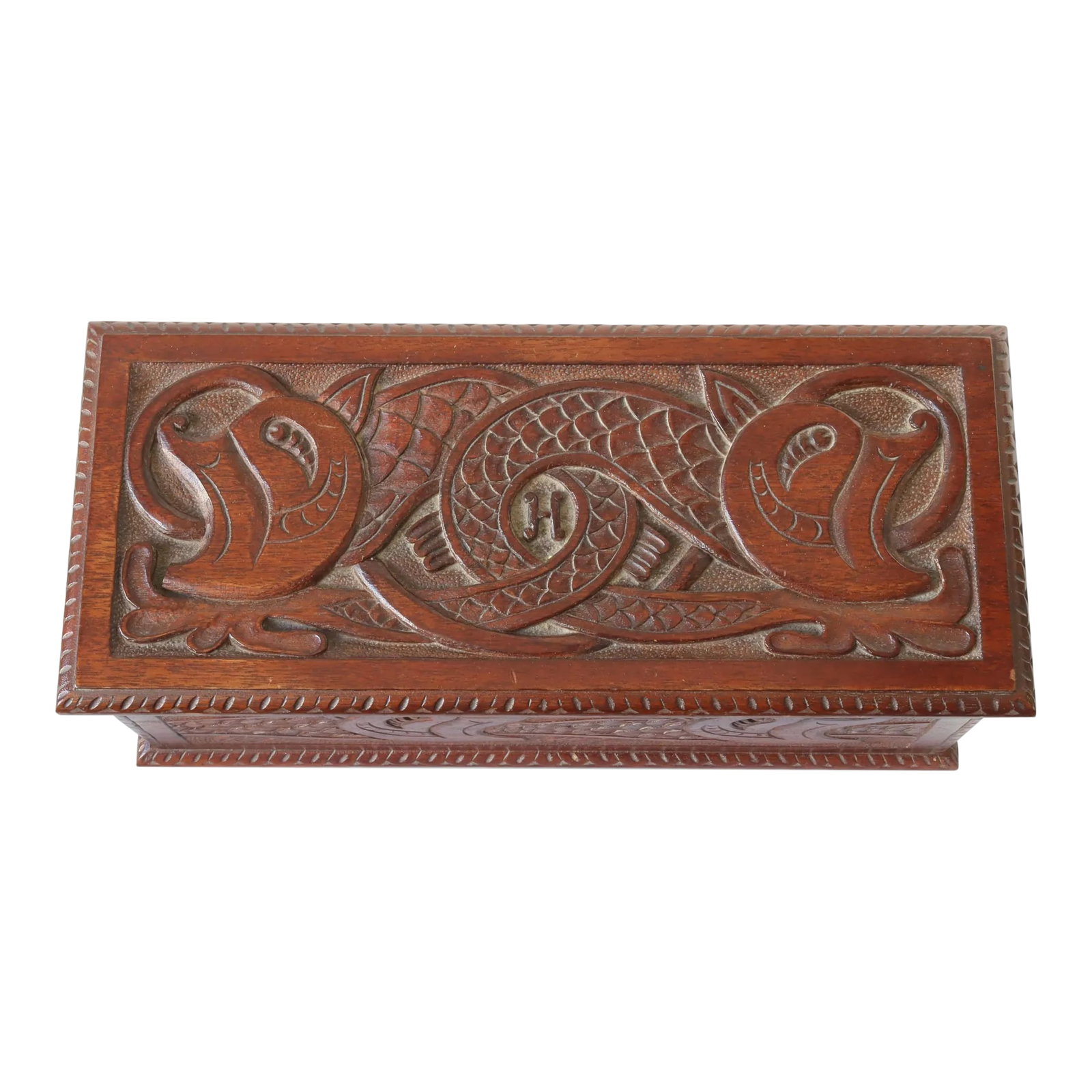 Antique English Carved Jewelry Box: Antique English carved jewelry or storage box, a masterpiece of craftsmanship and design. Featuring a distinctive double serpent motif and the carved initial "H," this piece exudes a sense of mystery