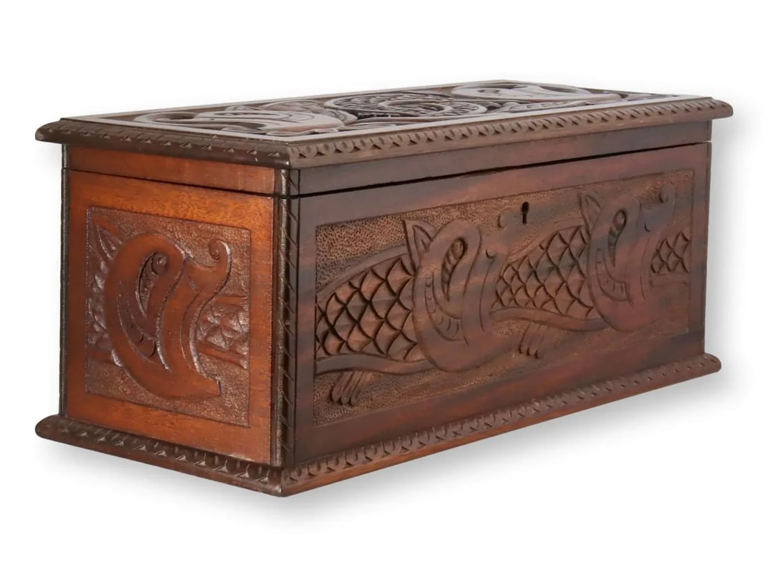Antique English Carved Jewelry Box - 4