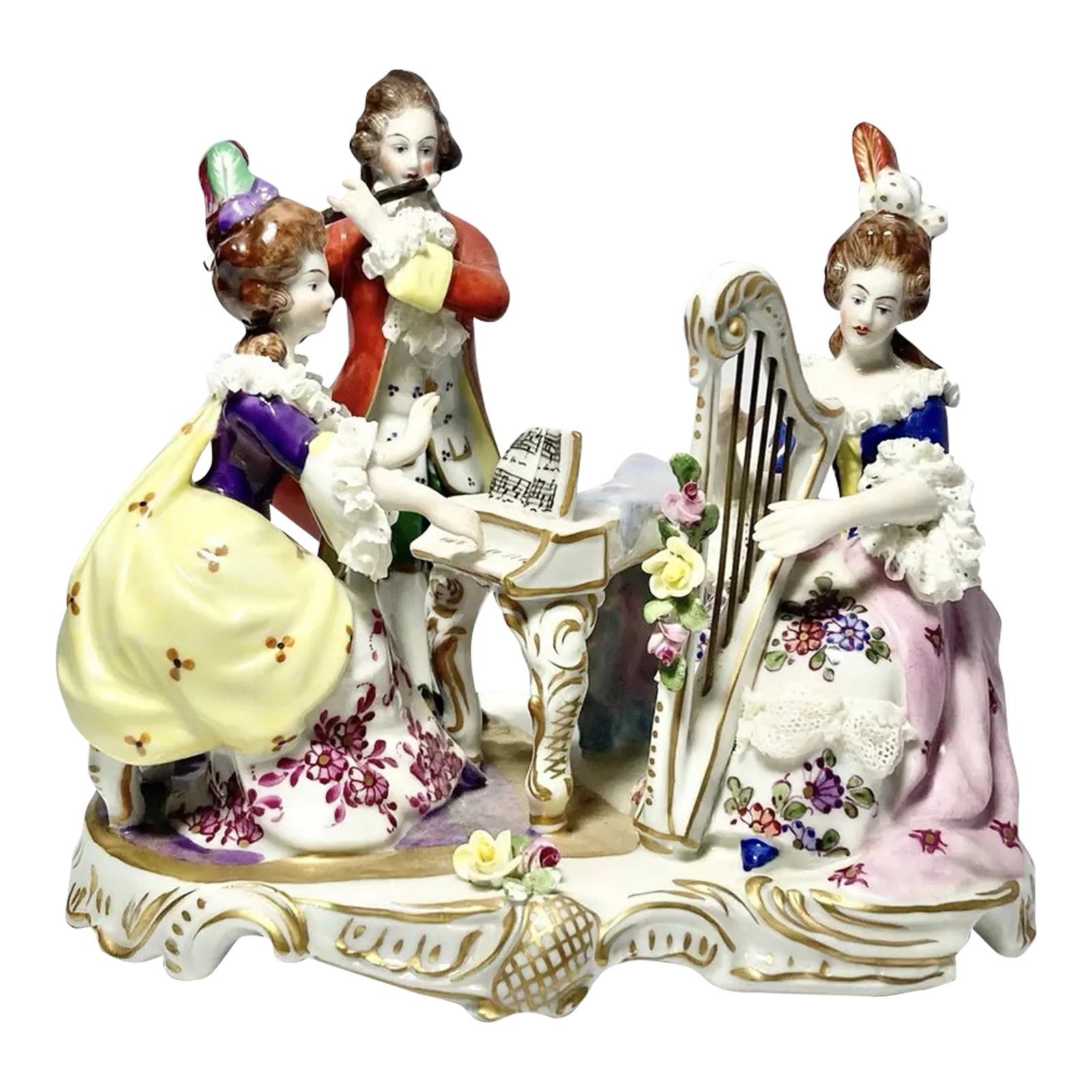 1930s Muller Volkstedt Dresden Rocco-Baroque Style Porcelain Musical Trio Figurine: Muller Volkstedt Dresden Rocco/Baroque Style Porcelain Musical Trio Figurine 6" Excellent condition. No chips, cracks, or fleabites. Length 6 1/8" Depth 5 3/8" Height 5 1/2" Circa 1930-40s Condition: