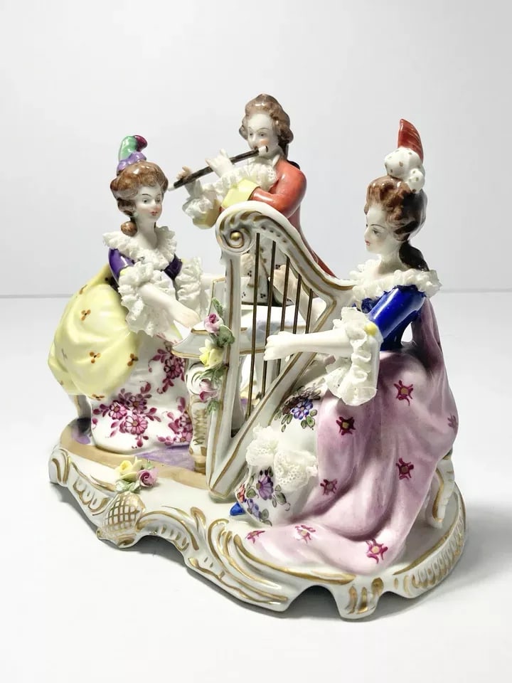 1930s Muller Volkstedt Dresden Rocco-Baroque Style Porcelain Musical Trio Figurine - 2