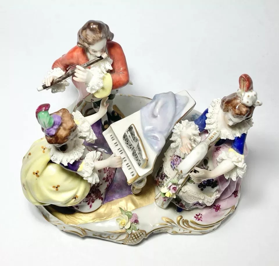 1930s Muller Volkstedt Dresden Rocco-Baroque Style Porcelain Musical Trio Figurine - 9