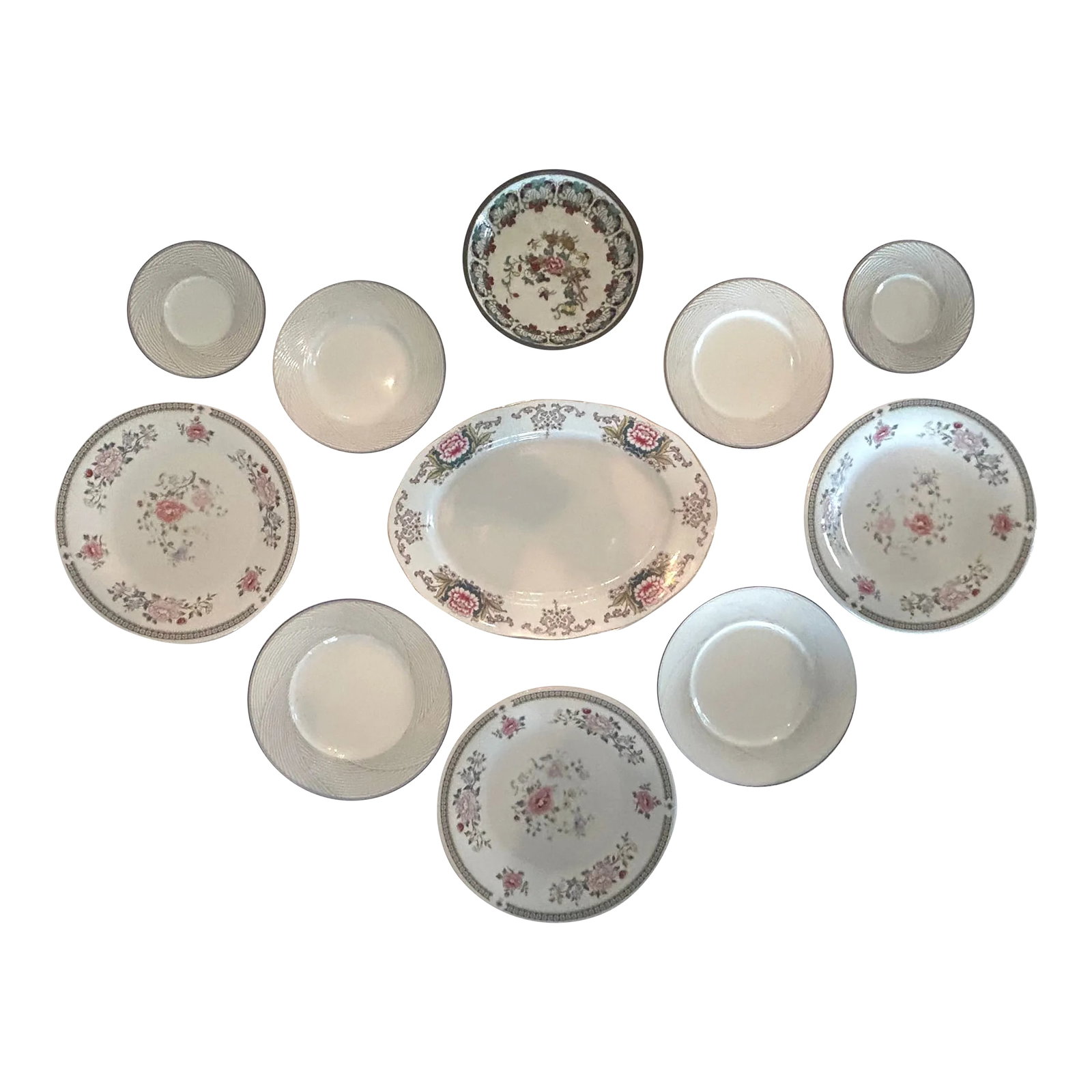 Delicate Pink Japanese Floral Themed Decorative Wall Plate Curation-Set of 11: Flower power! This vintage curation of plates in delicate pinks, lavender, and green is set off beautifully by the dove gray and white basketweave pattern plates and saucers designed by Jack Lenor