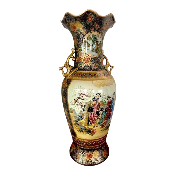 Signed Tall Vintage Mid Century Gilded Satsuma Hand Painted Porcelain Temple Vase Signed: This tall enameled antique temple vase is a beautiful addition to any collection. Handmade in China, this porcelain vase features exquisite multi-colors with a deep blue background overall. It has a