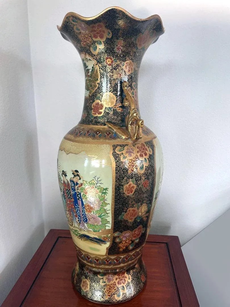 Signed Tall Vintage Mid Century Gilded Satsuma Hand Painted Porcelain Temple Vase Signed - 2