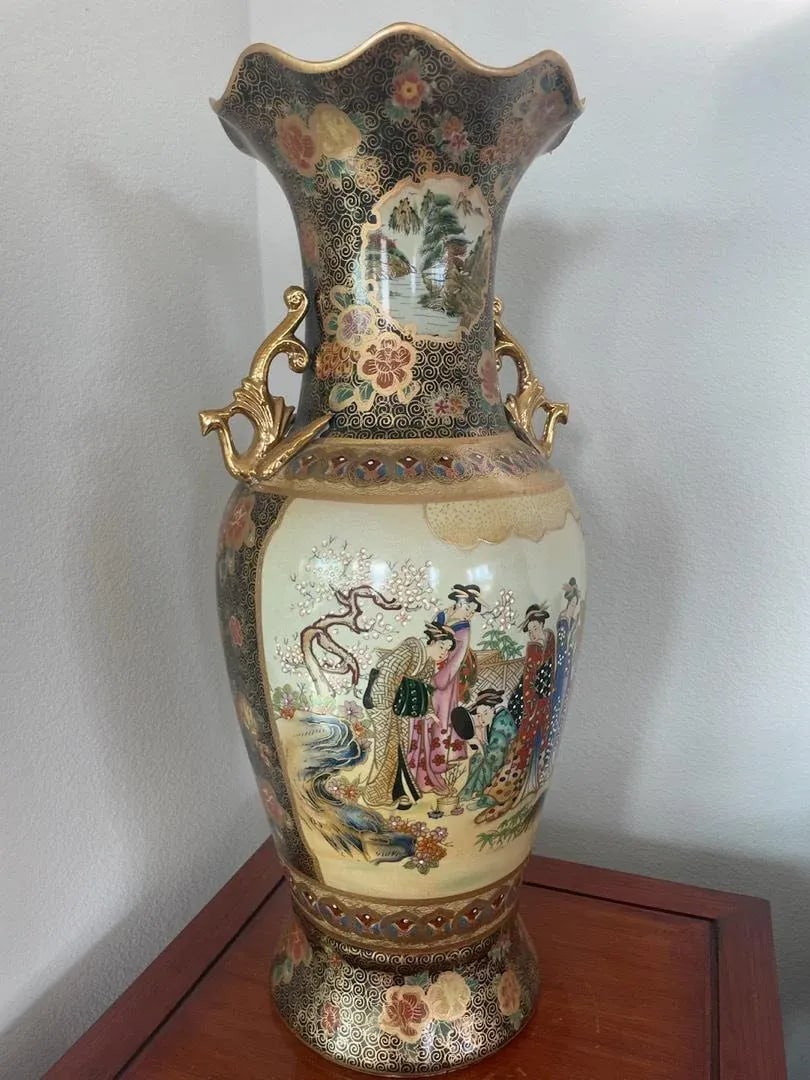 Signed Tall Vintage Mid Century Gilded Satsuma Hand Painted Porcelain Temple Vase Signed - 3