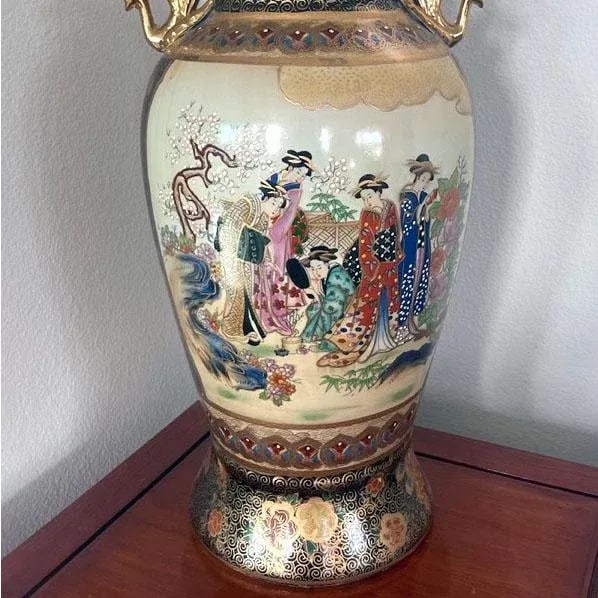 Signed Tall Vintage Mid Century Gilded Satsuma Hand Painted Porcelain Temple Vase Signed - 4