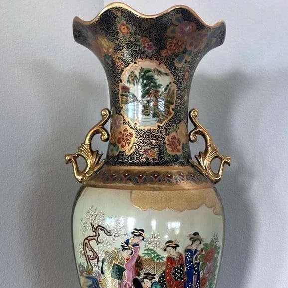 Signed Tall Vintage Mid Century Gilded Satsuma Hand Painted Porcelain Temple Vase Signed - 5