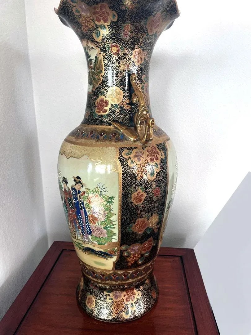 Signed Tall Vintage Mid Century Gilded Satsuma Hand Painted Porcelain Temple Vase Signed - 7