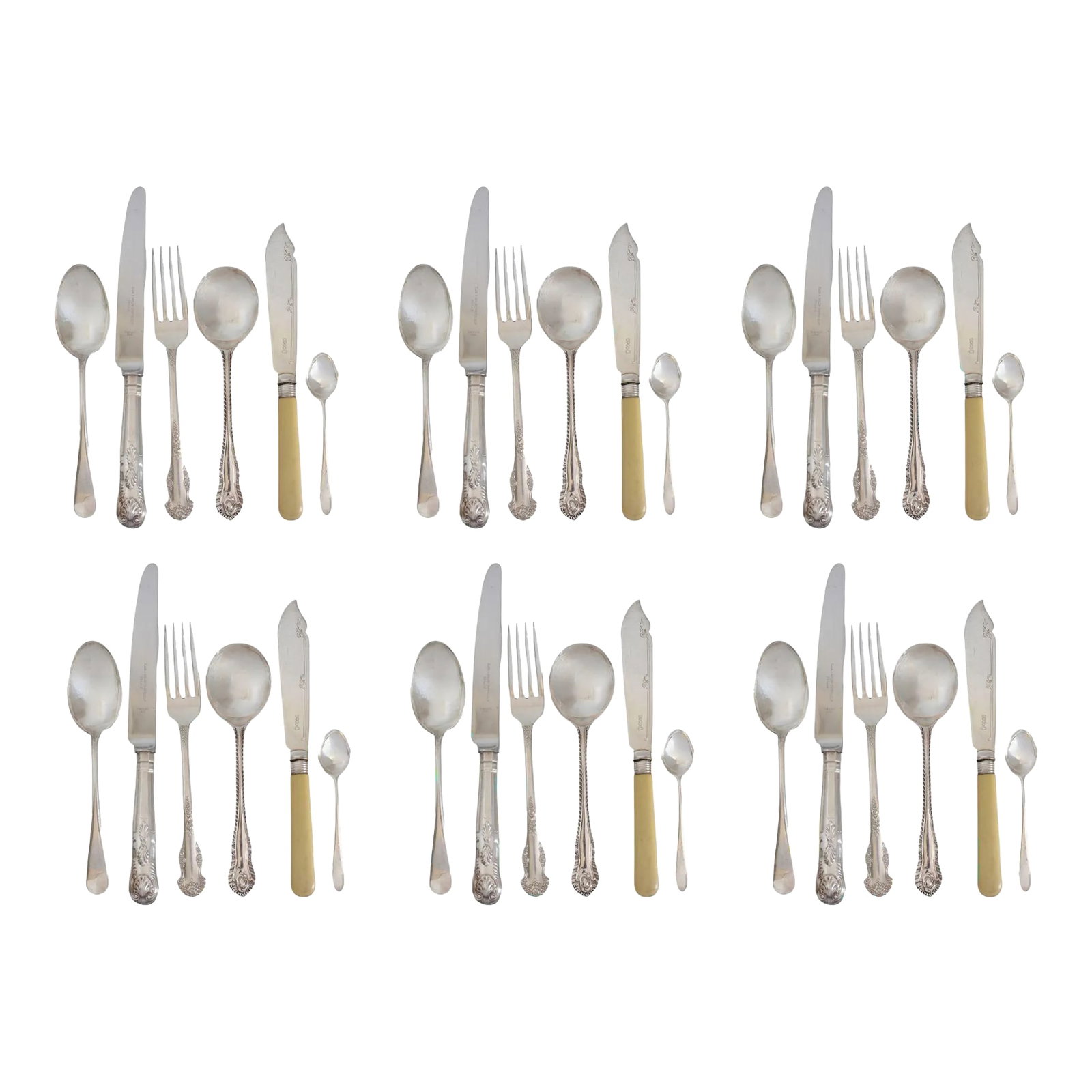Early 20th Century Mixed English Flatware, Service for 6- 36 Pieces: English flatware service for six, featuring a unique mix of antique and vintage complementary patterns, creating a truly one-of-a-kind collection. Each piece is English, showcasing exceptional