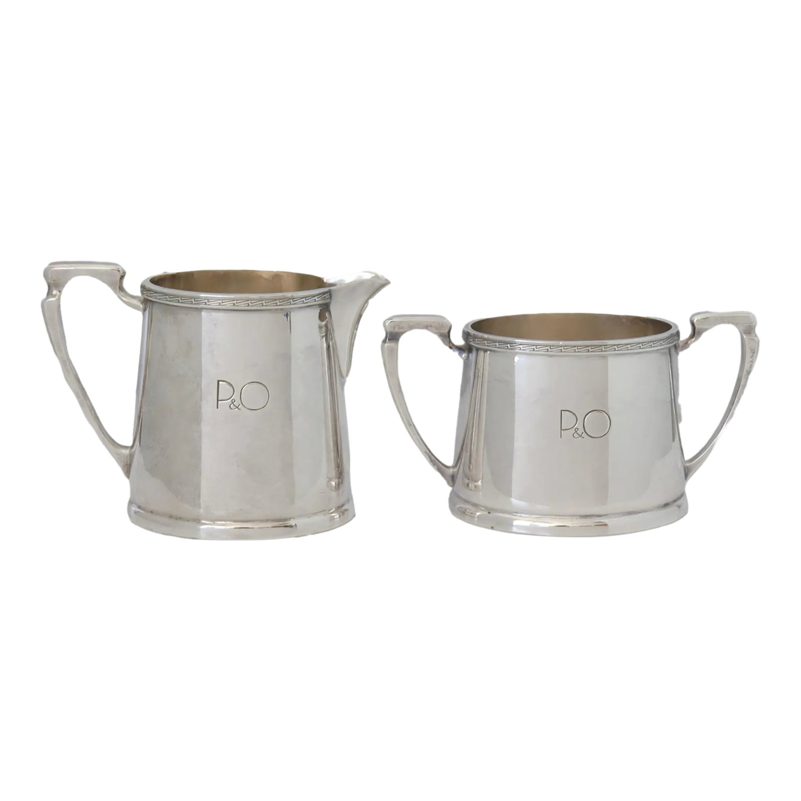 1950s Mappin & Webb for P & O Cruise Liner Cream and Sugar Set: 1950s Mappin & Webb for P&O Cruise Liner (Peninsular and Oriental Steam Navigation Company) Cream and Sugar Set. Renowned for their luxury cruise liners, P&O has a rich maritime history. This set