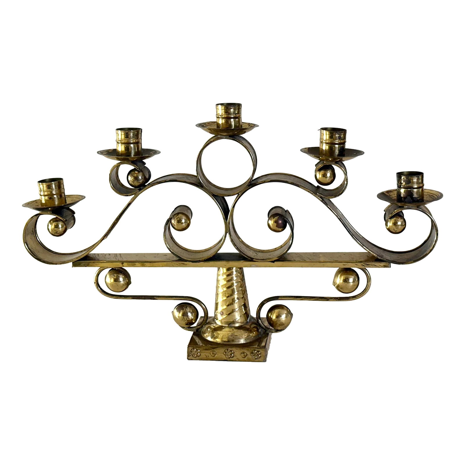 Llamas Hand Wrought Mexican Mid Century Brass Tree of Life Candelabra: Charming mid century hand wrought brass "tree of life" form candelabra by LLamas, Mexico. Constructed from pressed, rolled and embossed brass elements hand soldered. Underside of base is tin and