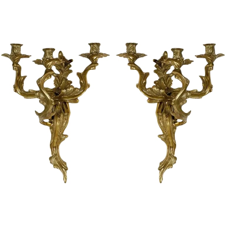 Bronze Louis XV Style Three Candle Sconces - a Pair (1 of 7)