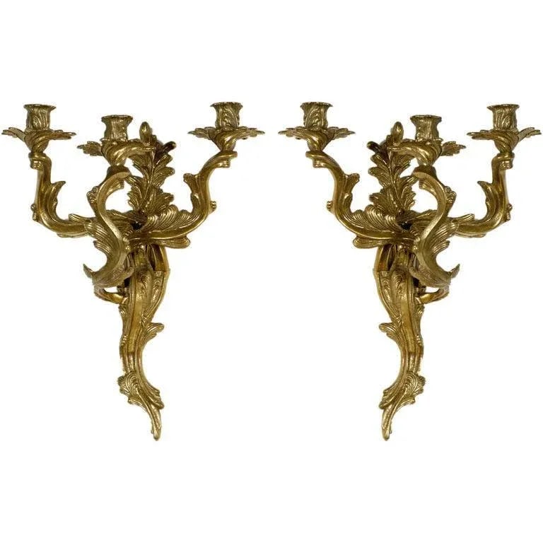 Bronze Louis XV Style Three Candle Sconces - a Pair - 7